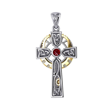 Steampunk Celtic Cross Silver and Gold Accent Pendant MPD5997 - Jewelry